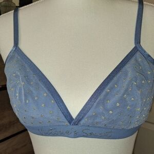 Victoria's Secret Powder Blue Logo Bralette with Gold Metallic Polka Dots. L.